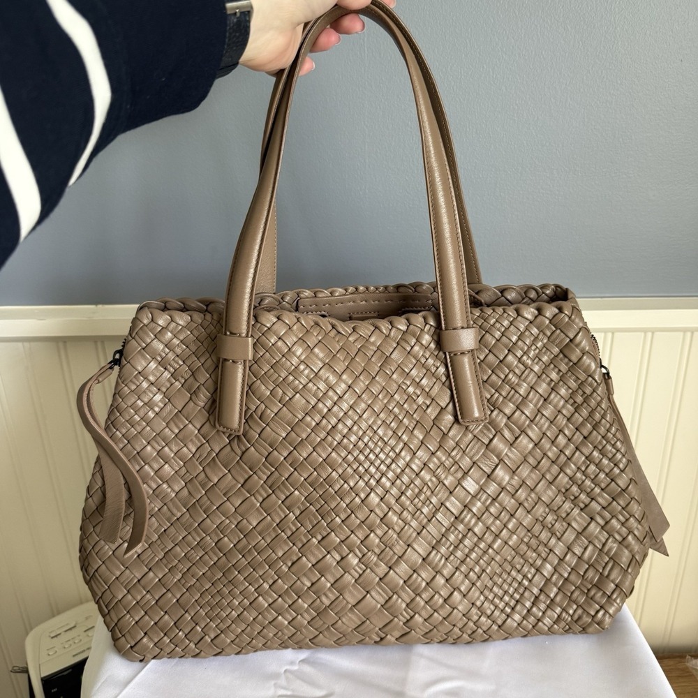 FALOR Firenze Taupe Woven Leather Side Zip Large Tote Shoulder Bag Purse F1716